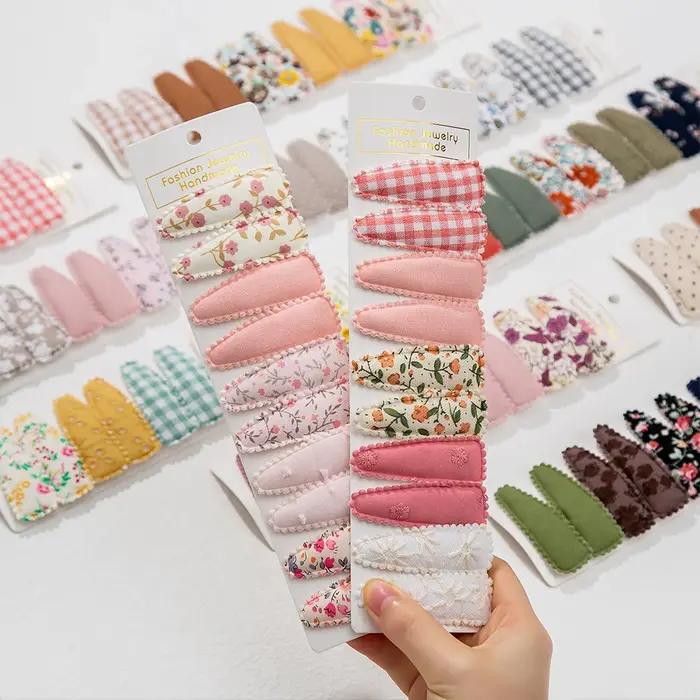 10 pièces/lot Ins 6cm fleur imprimé coton alliage cheveux arc Snap Clips ensemble tissu Plaid Bobby