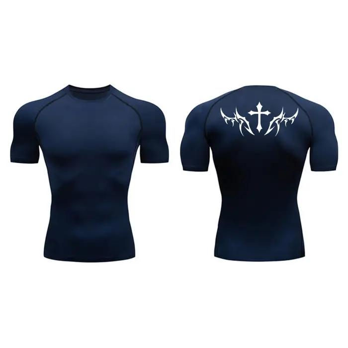 Chemises de Compression à manches courtes pour hommes, imprimé croisé, t-shirts athlétiques à séchag