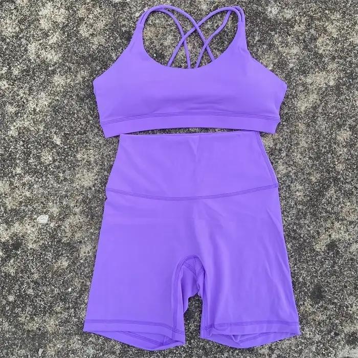Ensemble de cyclisme court de Yoga pour femmes, couleur unie, doux, dos croisé, soutien-gorge + Legg