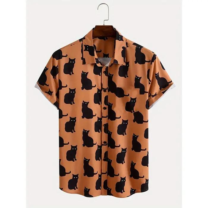 Été mignon chat imprimé chemise hommes décontracté à manches courtes hawaïen décontracté bouton reve
