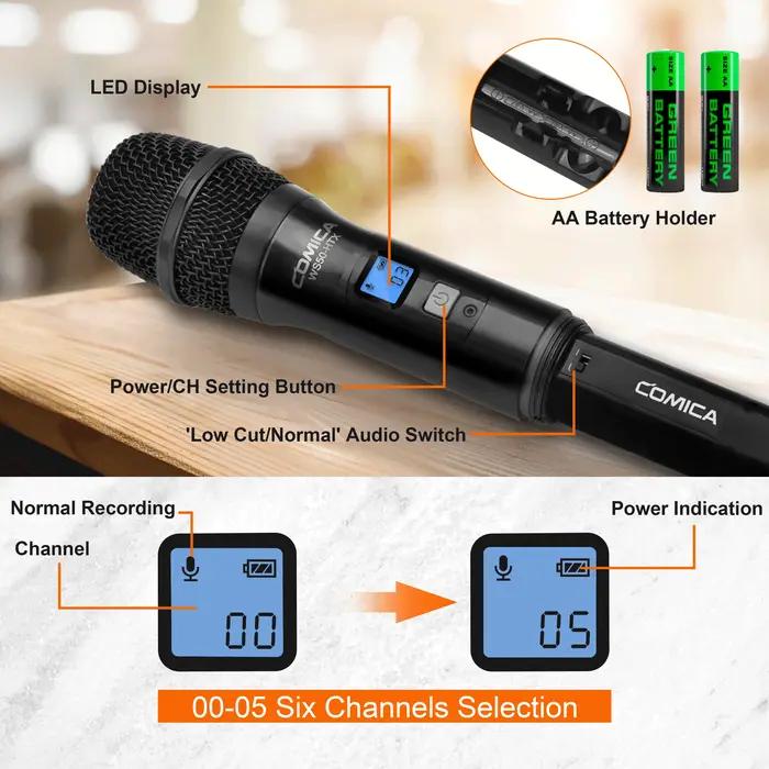 Microphone portable COMICA CVM-WS50H, microphone sans fil UHF, 6 canaux, micro à condensateur pour i