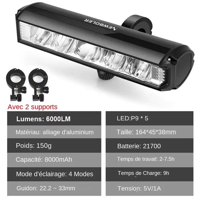 Lampe avant vélo NEWBOLER 6000 lumen batterie 8000 mAh étanche pour cyclisme nocturne sécurité et visibilité