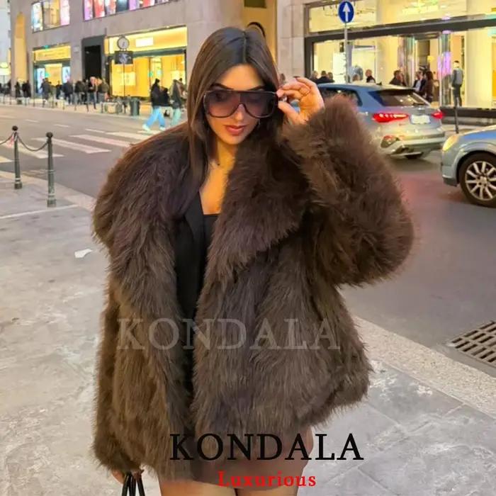 KONDALA décontracté marron épais fourrure vestes femmes à manches longues col en V automne hiver fau