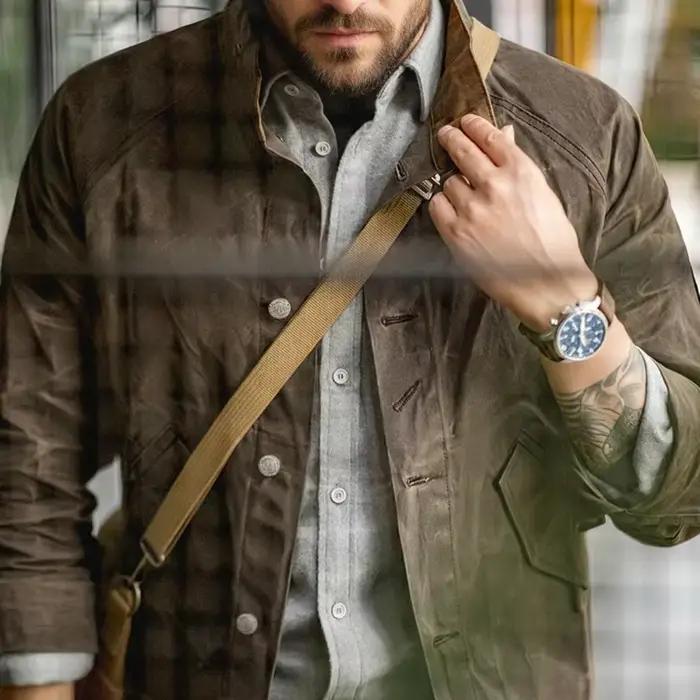 Maden veste vintage à col montant en toile cirée coupe-vent, veste homme unie classique de chasse, p
