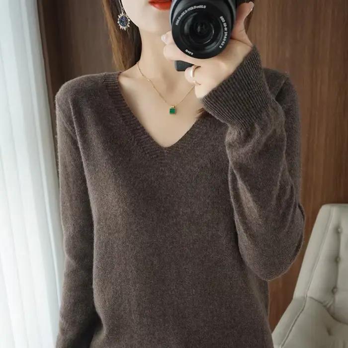 Pull en cachemire à col en V pour femme, col en dentelle, design évidé, décontracté, manches longues