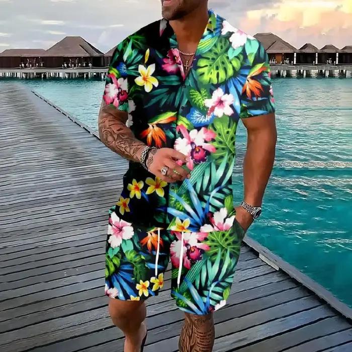 Chemise hawaïenne flamant cocotier impression 3d chemise à manches courtes + Short 2 pièces ensemble
