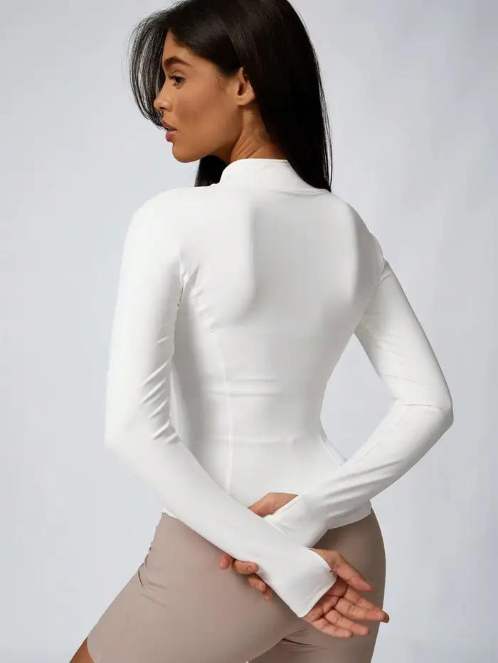 Veste de sport à col roulé avec fermeture éclair de couleur unie pour femmes, haut de sport à manche