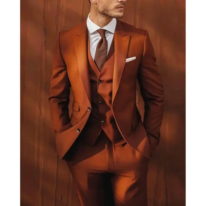 Élégant solide hommes costumes 3 pièces simple boutonnage pic revers smoking marié fête de mariage C
