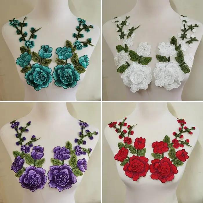 Patch brodé de fleurs 3D, 2 pièces/ensemble, pour jupe de soirée, vêtements, col en dentelle, décora