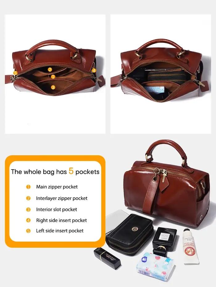 Sac à bandoulière en cuir ciré Zency pour femmes, sac à main avec deux longues sangles