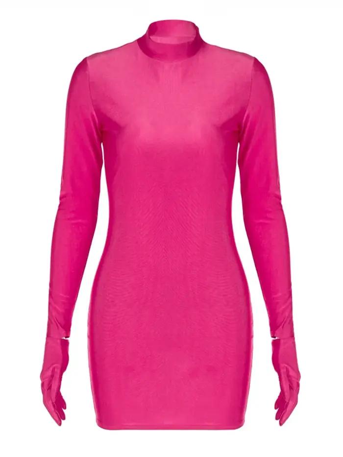 Mini robe moulante à manches longues avec gants, couleur unie, Sexy, Streetwear, tenue de fête, demi