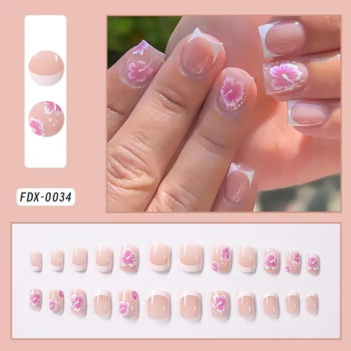 24 pièces blanc rose fleur acrylique faux ongles court carré français faux ongles portable couvertur