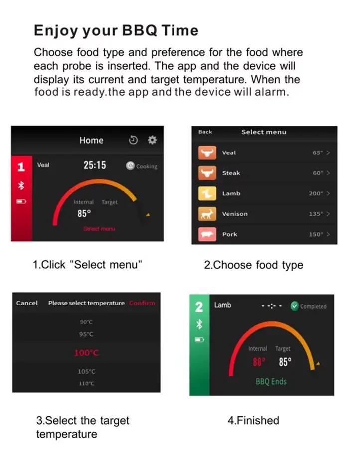 Le plus récent thermomètre alimentaire à viande sans fil outil de cuisine four gril BBQ Steak Blueto