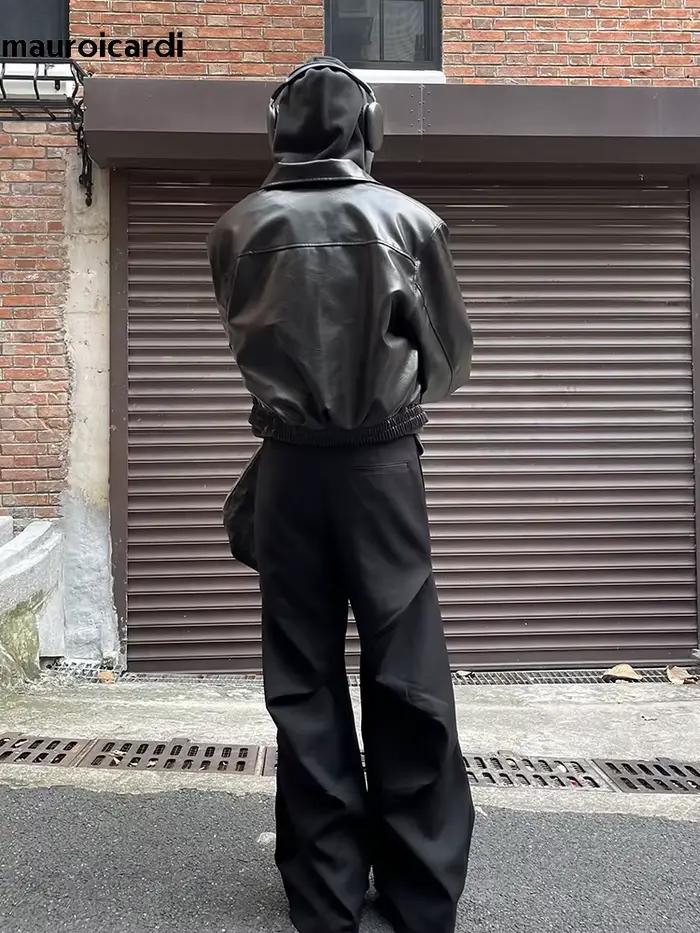 Mauroicardi printemps automne Cool surdimensionné court noir doux Pu veste en cuir hommes fermeture