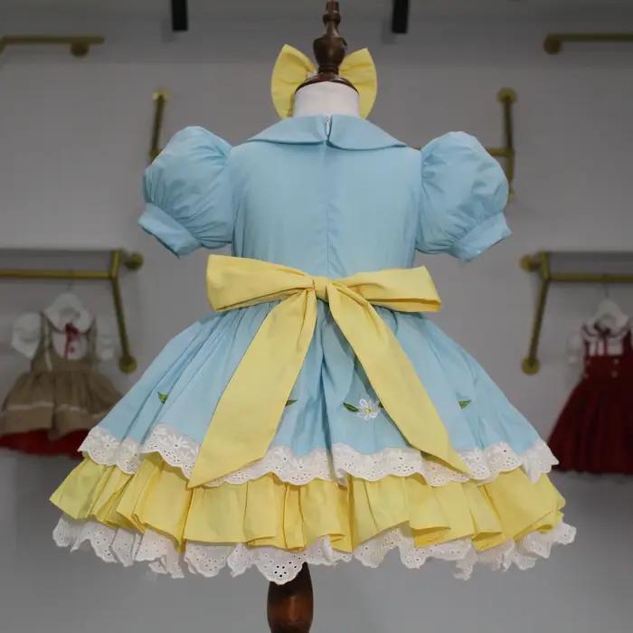Robe d'été pour bébé fille, broderie marguerite bleue et jaune, robe de princesse turque Vintage pou