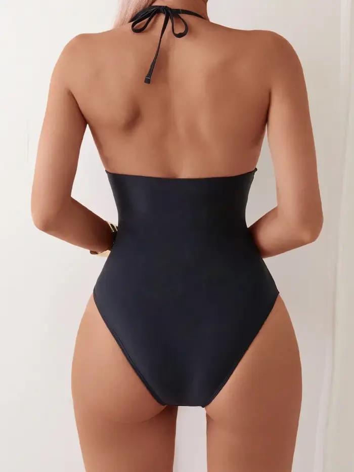 Maillot de bain une pièce noir, col licou, en maille, Sexy, Monokini, col en V, vêtements de plage,