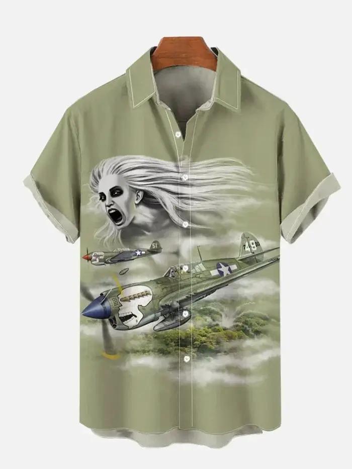Chemise hawaïenne à manches courtes pour hommes, poche poitrine imprimée, éléments de la guerre de l