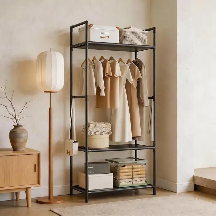 Porte-manteau multifonctionnel avec cintres et étagère de rangement multi-niveaux pour salon et chambre gain de place organisation vêtements chaussures accessoires