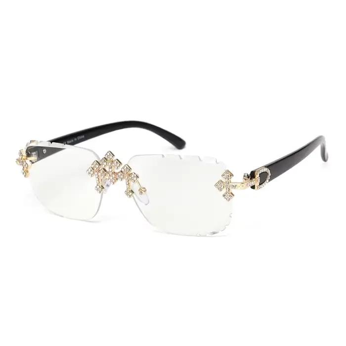 2025 mode carré sans monture lunettes de soleil pour femmes croix diamant métal cadre lunettes de lu