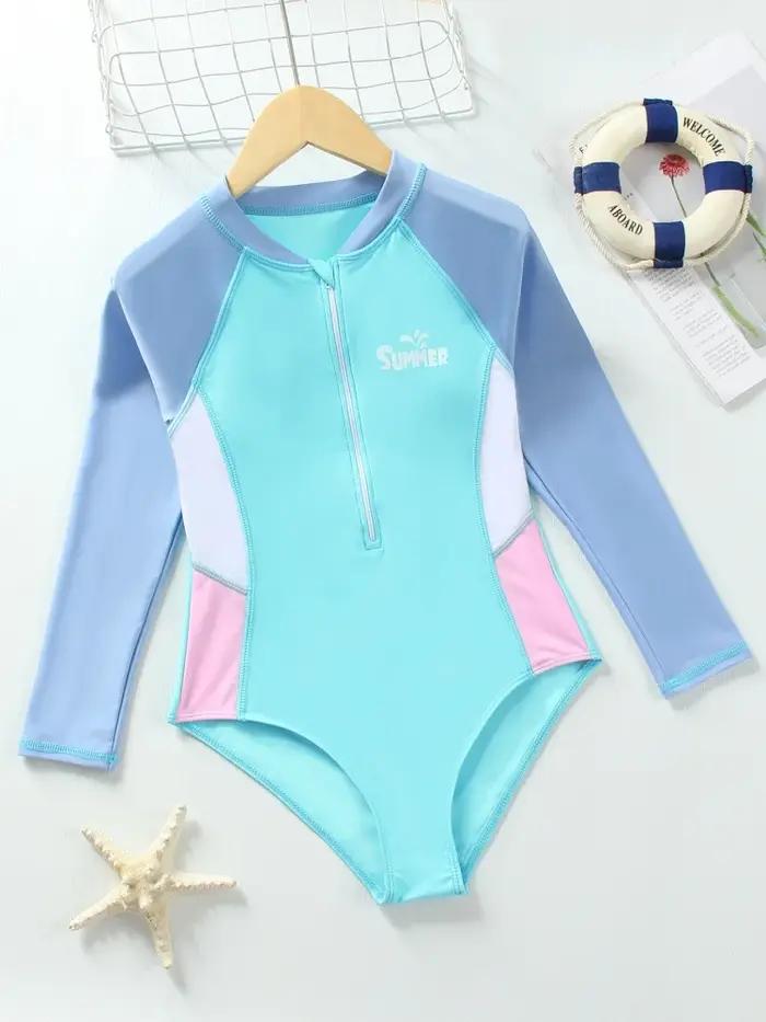 Maillot de bain une pièce pour filles, nouvelle collection 2026, manches longues, couleur unie, comb