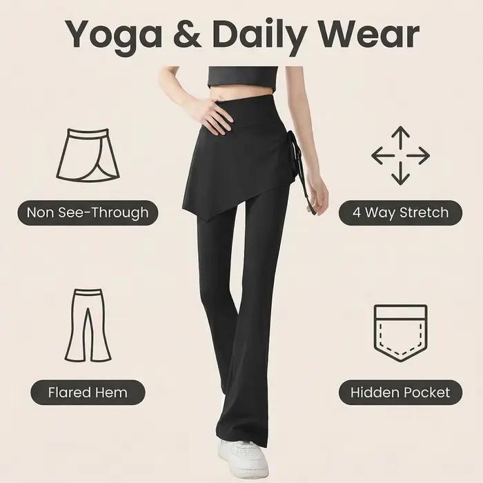 DFCF Pantalon de yoga évasé taille haute pour femme avec jupe superposée deux-en-un, détails à pompo