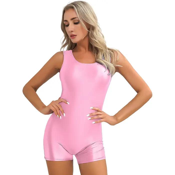 Maillot de bain une pièce pour femmes, brillant, solide, extensible, col en U, batterie, yoga, danse