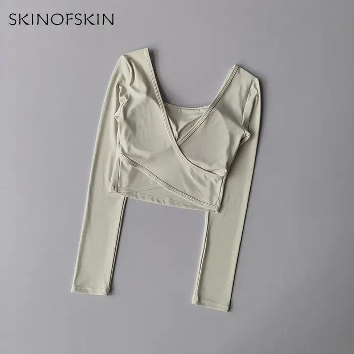 Coussinets poitrine fixes vêtements yoga dos croisé - Haut sport amincissant manches longues fitness