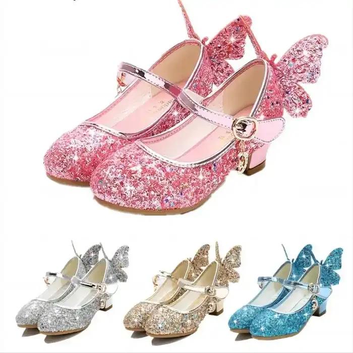 Chaussures princesse papillon en cuir pour enfants, chaussures à talons hauts avec nœud papillon en