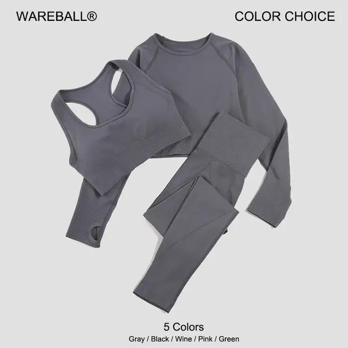 Combinaison Yoga Femme Sans Couture 2/3 Pièces - Haut Manches Longues Soutien-gorge Sport Leggings Course