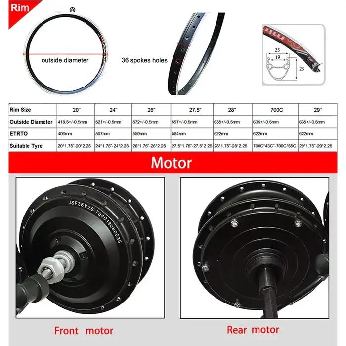 Kit de Conversion Vélo Électrique 36V 48V Moteur Roue Arriere Avant Tailles Roues Occasions Speciales