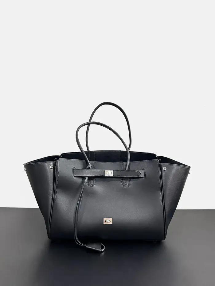 Sac à bandoulière de luxe grande capacité en cuir noir de haute qualité avec fermoir argenté/doré, s