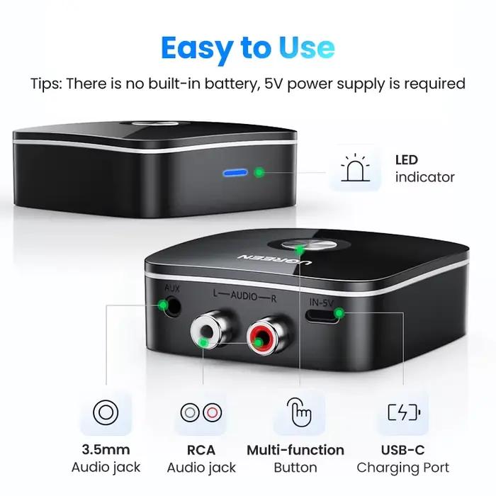 UGREEN Bluetooth RCA récepteur 5.1 aptX HD 3.5mm Jack Aux adaptateur sans fil musique pour TV voitur