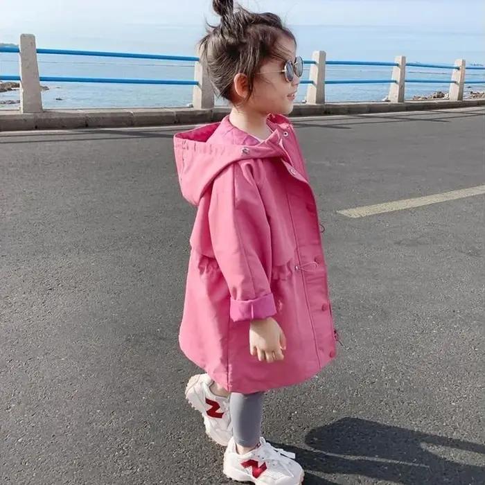 Veste coupe-vent à capuche rétractable pour filles, style long, collection printemps-automne, très v
