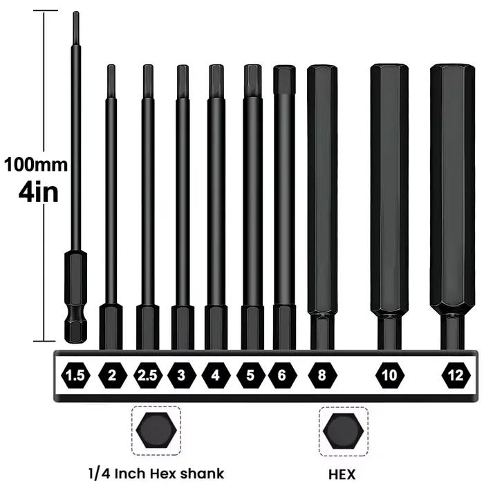 Jeu de forets à clé Allen 100mm, 10 pièces, jeu de tournevis Allen en acier S2 embouts de 1.5 à 12mm