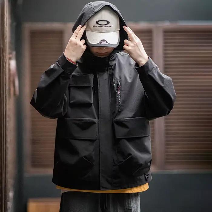 Maden-Veste à capuche multipoches pour homme, manteau de sport de plein air, veste polyvalente, noir