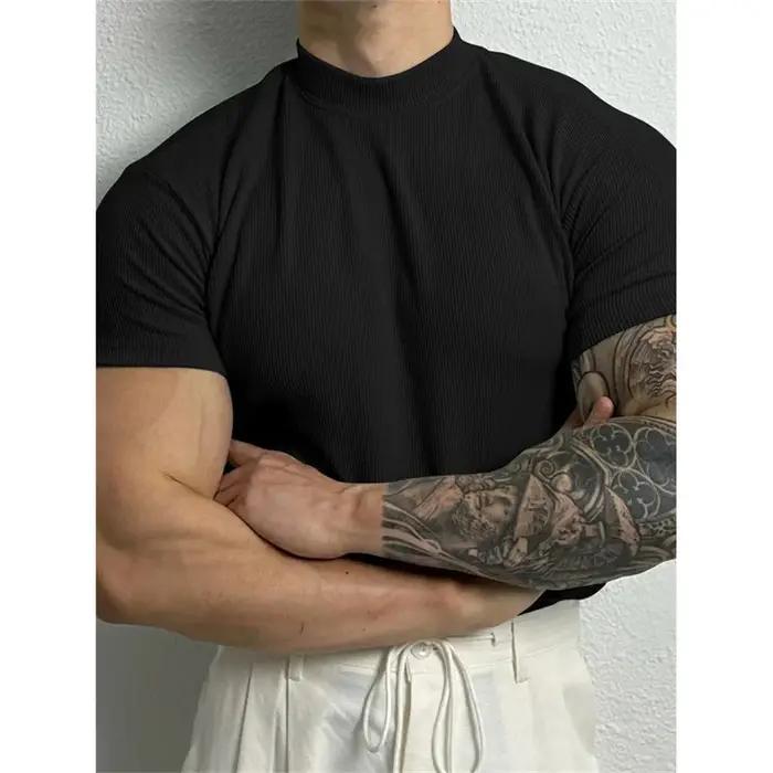Printemps été élastique hommes T-shirt petit col haut rayure chemise à manches courtes haut de fitne