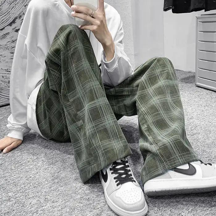 Printemps été velours côtelé Vintage Plaid pantalon hommes Streetwear jambe large Baggy pantalon Har