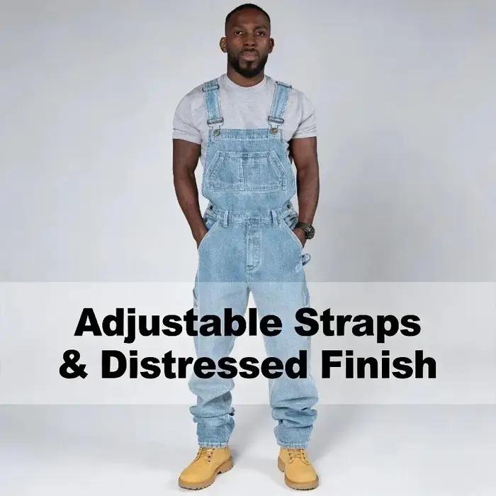 Salopette en jean déchirée et vieillie pour homme, coupe droite, style streetwear