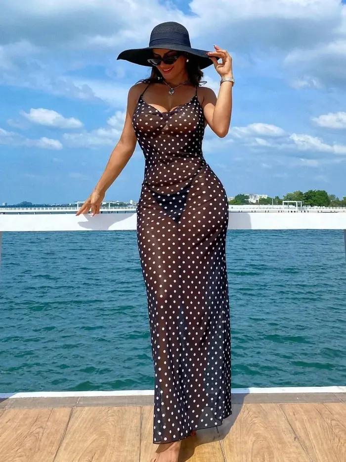 Maillot de bain une pièce 2026 NOUVEAU Noir à pois, sexy, en maille semi-transparente, avec jupe lon