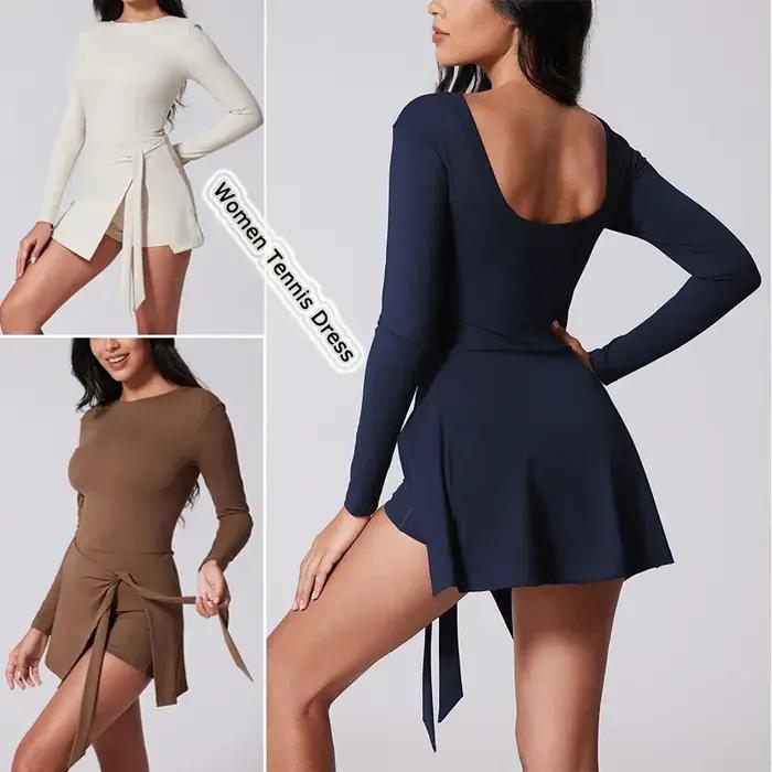 VITALINOVO Robe de tennis à col haut pour femme, jupe portefeuille à manches longues, short intégré,