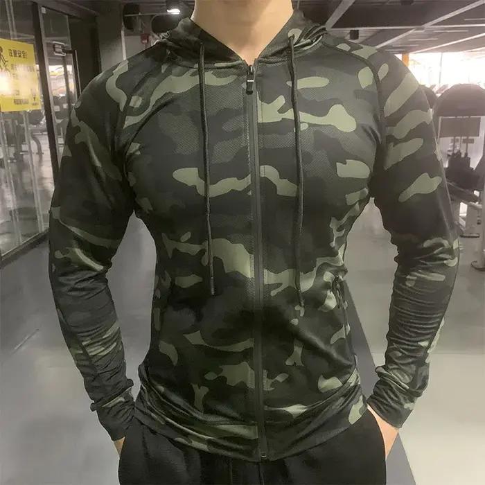 Veste à capuche compression homme plein air - Vêtement protection solaire gym fitness respirant pêche