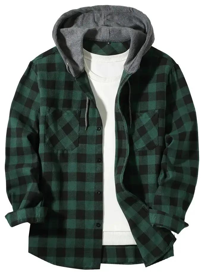 Chemise à carreaux à capuche coupe couvertes pour hommes, chemise à manches longues, chemise de voya