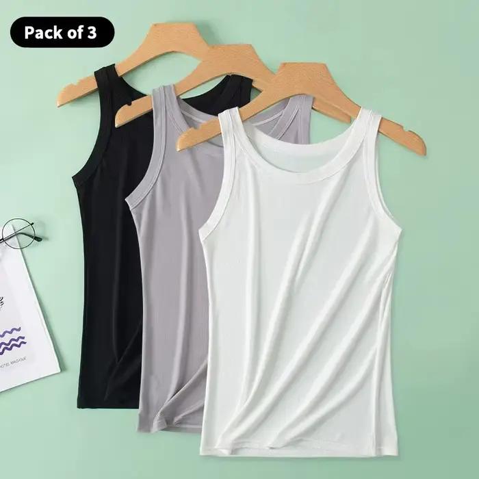 Gilet de couleur unie pour femmes, 3 pièces, mode Joker, Camisole filetée pour jeune femme