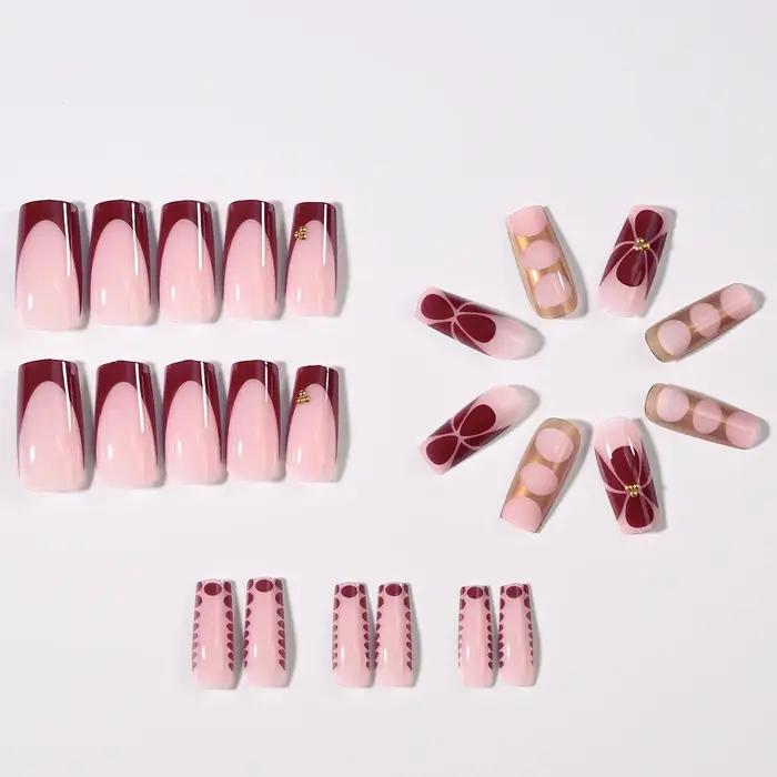 Faux ongles français en forme de cercueil, fleur rétro, longs, Caviar, perle florale, or, Design cre