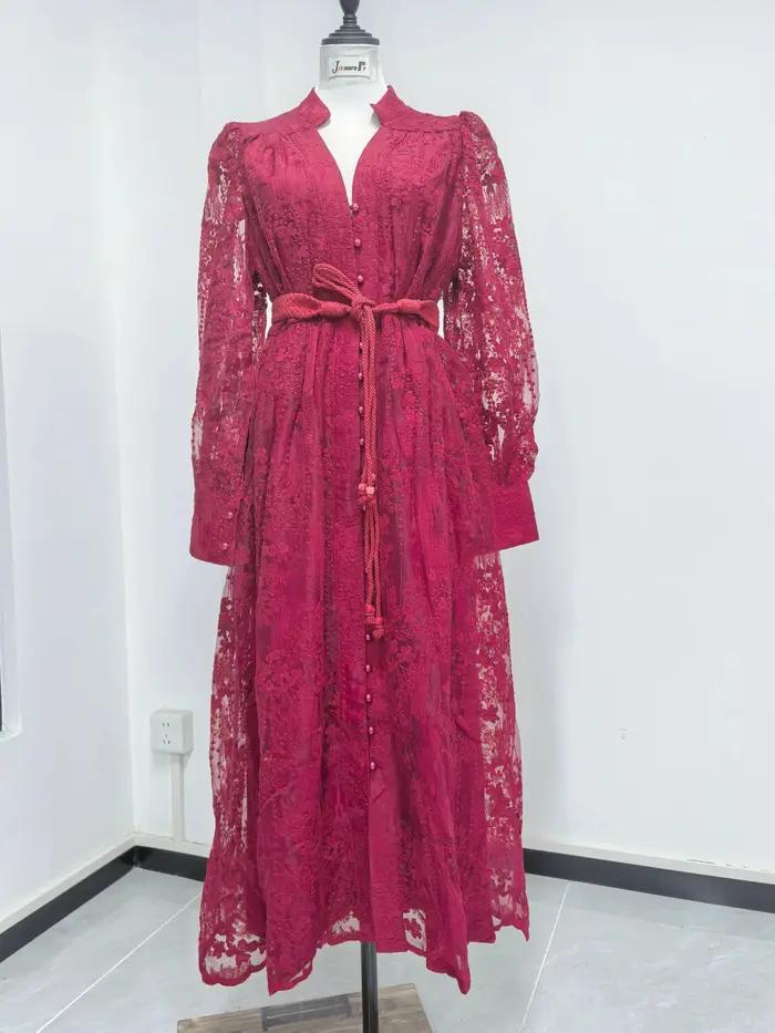 Robes formelles brodées de luxe pour femmes, lanterne d'été et d'automne, manches longues, dentelle,