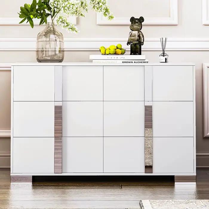 Commode moderne élégante avec poignée en métal, armoire de rangement en miroir avec 6 portes latéral