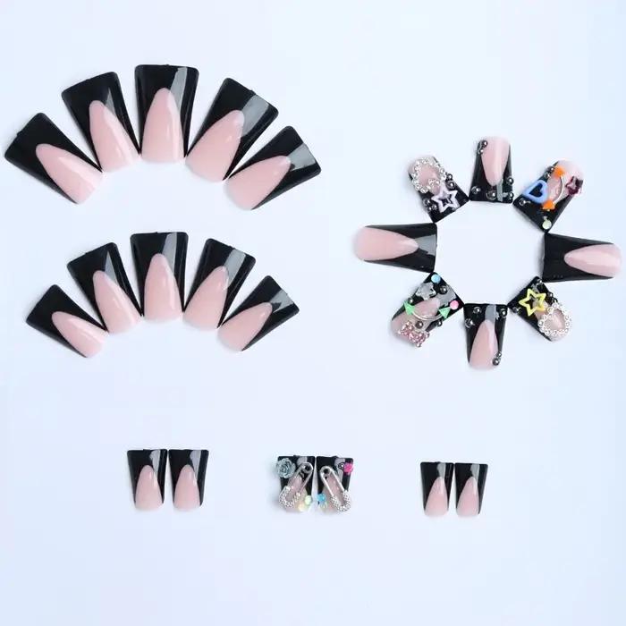 24 faux ongles Y2K en forme de bec de canard, avec cœurs et étoiles métalliques 3D et diamants, à pr