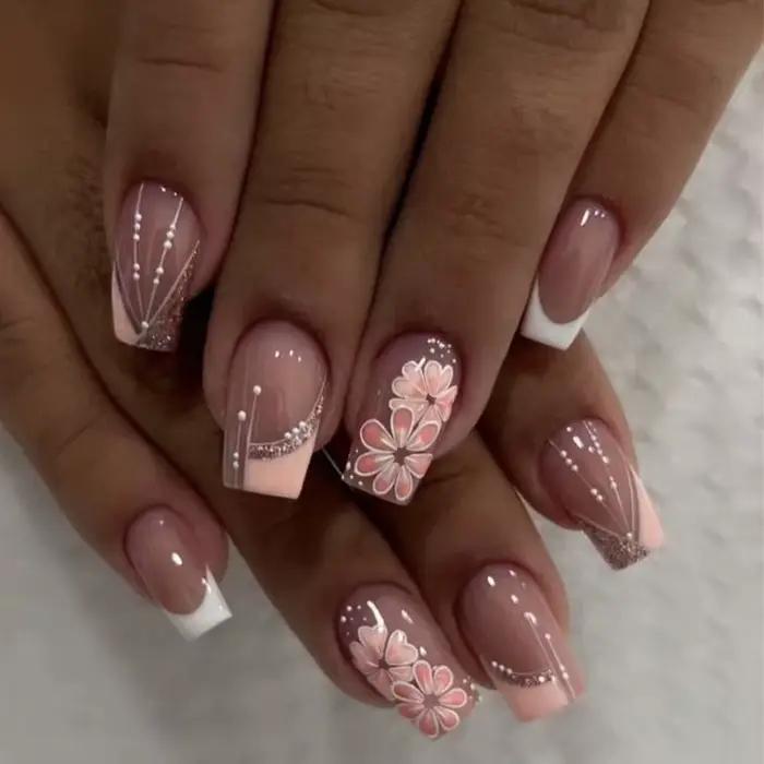 Faux ongles courts noirs solides, 24 pièces, avec motif de Rose, ballerine carrée artificielle, couv