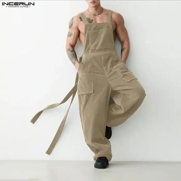 INCERUN Combinaisons pour hommes, couleur unie, style jogger, en velours côtelé, amples, décontracté