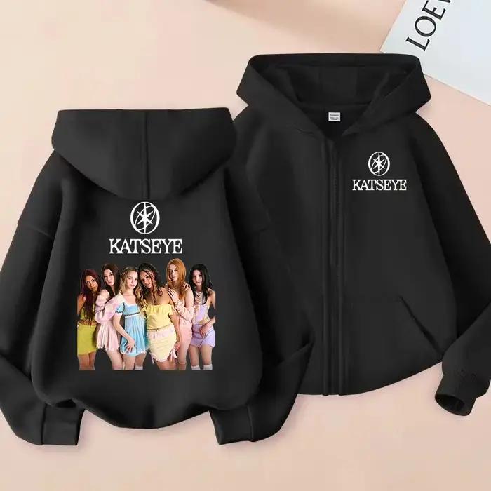 Vêtements pour petites filles, sweat-shirt à capuche avec fermeture éclair Katseye, sweat-shirt déco